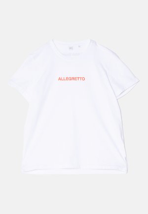White cotton t-shirt with short sleeves and a crew neckline. Features the text "ALLEGRETTO" in orange across the chest. Simple design.