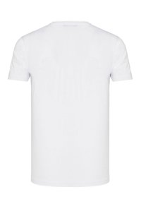 Weißes Baumwoll-T-Shirt mit kurzen Ärmeln, rundem Halsausschnitt und glatter Textur. Keine sichtbaren Logos, Muster oder Akzente auf der Rückseite.