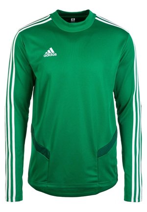Zielony sportowy dres Adidas z długim rękawem z białymi paskami wzdłuż rękawów i logo Adidas na piersi.