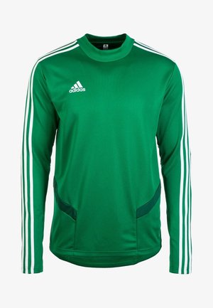 Camiseta deportiva Adidas verde de manga larga con rayas blancas a lo largo de las mangas y logo de Adidas en el pecho.