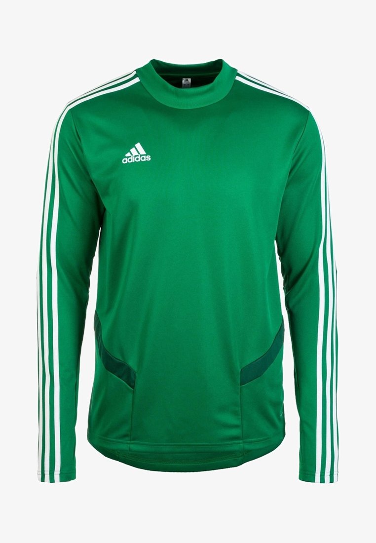 Maillot de sport Adidas vert à manches longues avec des bandes blanches le long des manches et le logo Adidas sur la poitrine.