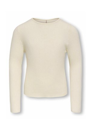 Cremafarbener, gerippter Strickpullover mit langen Ärmeln und rundem Ausschnitt, dargestellt vor weißem Hintergrund.
