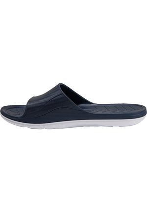 Marineblauwe instapsandalen van rubber, met een gladde bovenkant, open te ontwerp en een geprofileerde zool met witte accenten.