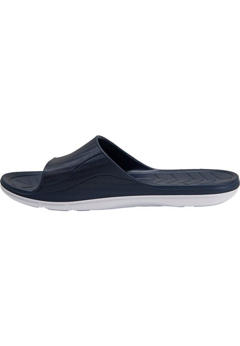 Marinfärgade slip-on sandaler i gummi, med en slät ovansida, öppen tå-design och en strukturerad sula med vita accenter.