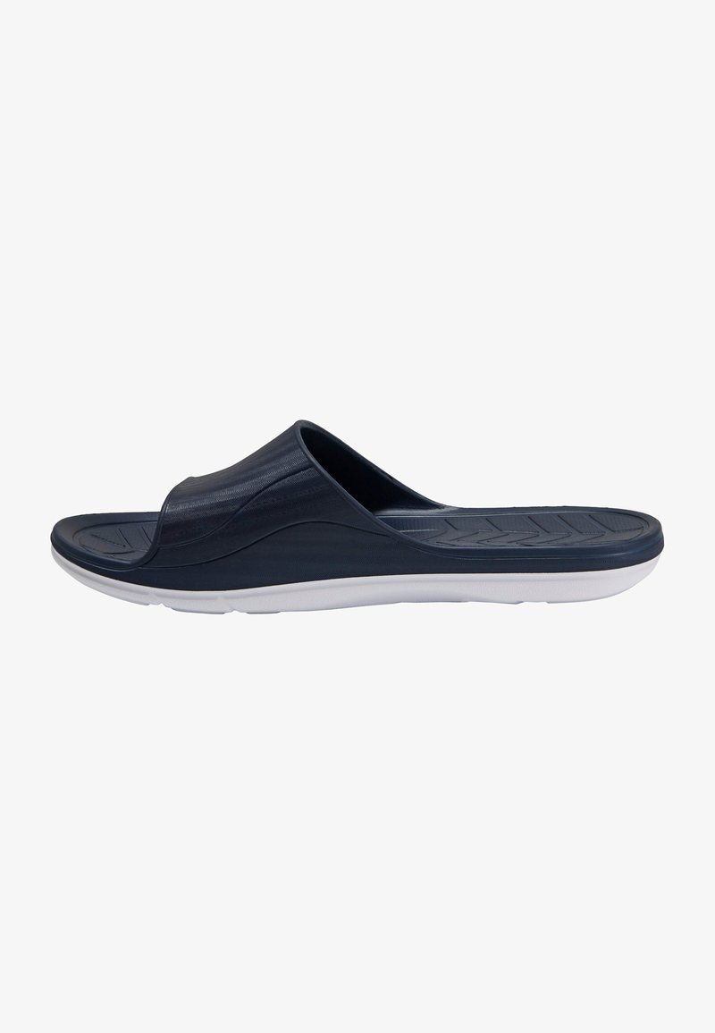 Marinfärgade slip-on sandaler i gummi, med en slät ovansida, öppen tå-design och en strukturerad sula med vita accenter.