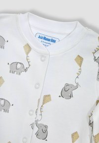 Hvid bomulds-dragt med grå elefant-illustrationer og beige geometriske former. Trykknapper foran, blød tekstur, velegnet til spædbørn.