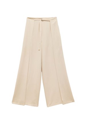 Pantaloni beige a gamba ampia realizzati in tessuto morbido, con vita alta, dettaglio con fiocco e pieghe frontali per una maggiore struttura.