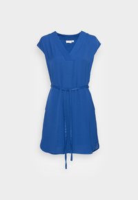 Modré šaty s výstřihem do V, krátkými rukávy a opaskem v pase. Vyrobené z lehké tkaniny, s volným střihem a bočními rozparky.