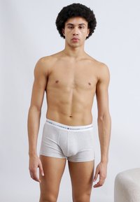 Γκρι βαμβακερά μποξεράκια με λευκή ζώνη μέσης που φέρει το λογότυπο "TOMMY HILFIGER". Το μοντέλο στέκεται μπροστά σε ένα απλό φόντο.