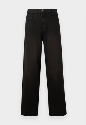 Jeans de mezclilla negra de pierna ancha con cintura alta, que cuentan con un cierre de botón, diseño de cinco bolsillos y costuras minimalistas.