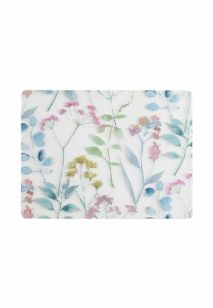 Rectangular glass cutting board with a pastel floral pattern featuring blue, pink, yellow, and green leaves and flowers on a white background.