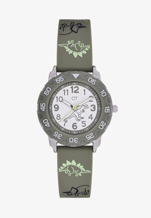 Grüne Silikonarmbanduhr mit einem weißen Zifferblatt, Zahlenmarkierungen und einem Dinosaurier-Graphic. Sie verfügt über eine graue Lünette und charakteristische Dinosauriermuster.