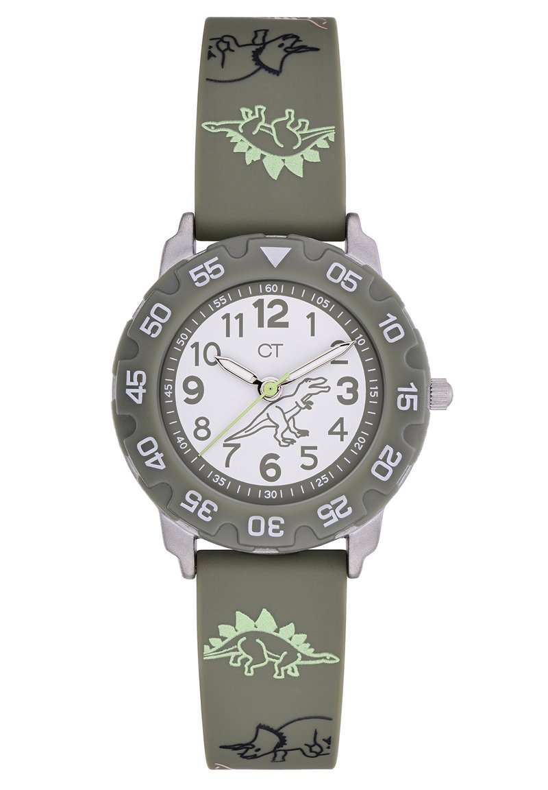 Groene siliconen horloge met een witte wijzerplaat, cijfermarkeringen en een dinosaurusgrafiek. Heeft een grijze bezel en kenmerkende dinosaurpatronen.