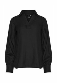 Blouse noire à manches longues avec un col et une coupe décontractée, ainsi que des manches bouffantes. Fabriquée en tissu lisse, elle présente un léger éclat.