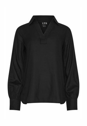 Blouse noire à manches longues avec un col et une coupe décontractée, ainsi que des manches bouffantes. Fabriquée en tissu lisse, elle présente un léger éclat.