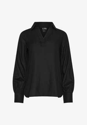 Musta pitkähiha blouse, jossa on kauluskankaalla varustettu rento malli ja puffihihat. Valmistettu sileästä kankaasta, jossa on hienovarainen kiilto.