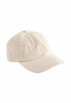 Baumwoll-Baseballmütze in hellbeige mit runder Krone, gebogenem Schirm, Belüftungsösen und gestickten Verzierungen.