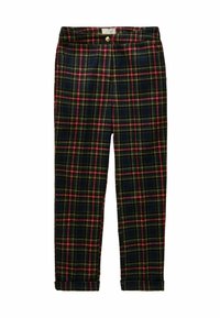 Pledētas tumši zaļas bikses ar sarkaniem, dzelteniem un baltiem rūtiņiem. Izgatavotas no mīksta auduma; ar pogu aizdari un uzlocītām kāju malām.