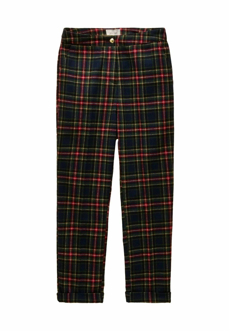 Pledētas tumši zaļas bikses ar sarkaniem, dzelteniem un baltiem rūtiņiem. Izgatavotas no mīksta auduma; ar pogu aizdari un uzlocītām kāju malām.