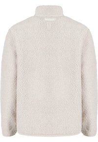 Fleece pullover i lys beige med høj krave og struktureret, fluffy overflade. Ingen synlig hardware eller detaljer på ryggen.