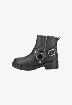 Schwarze Lederstiefelette mit seitlichem Reißverschluss, ausgestattet mit einem dekorativen Riemen und einer Schnalle. Klobiges, niedriges Absatzdesign mit strukturiertem Finish.