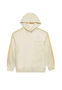 Felpa con cappuccio di colore crema con strisce laterali giallo chiaro. Presenta una vestibilità comoda, polsini elasticizzati e un tessuto testurizzato. Design semplice.