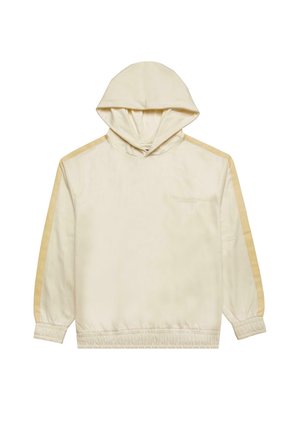 Hoodie in Creme mit hellgelben Seitenstreifen. Verfügt über einen lässigen Schnitt, elastische Bündchen und einen strukturierten Stoff. Einfaches Design.