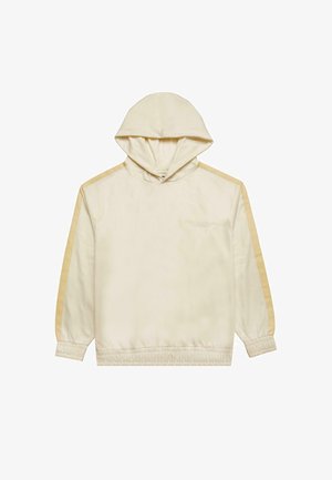 Hætte sweatshirt i creme med lysegule side striber. Har en afslappet pasform, elastiske manchetter og et tekstureret stof. Enkel design.