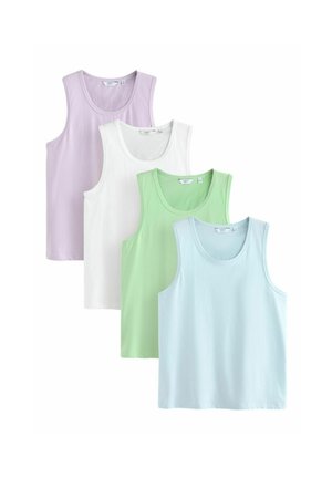 Neli puuvillast varrukatuta topi helelilla, valge, heleroheline ja helesinine, mis on valgel taustal kattuvad.