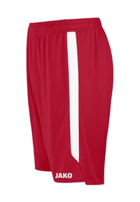 Rote Sportshorts mit einem weißen Seitenstreifen, aus leichtem Material hergestellt. Verfügt über einen elastischen Bund und ein weißes "JAKO"-Logo.