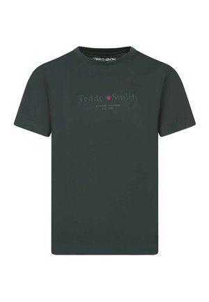 T-shirt vert foncé à manches courtes avec col rond, portant le texte « Teddy Smith » et un petit logo carré rouge sur la poitrine.