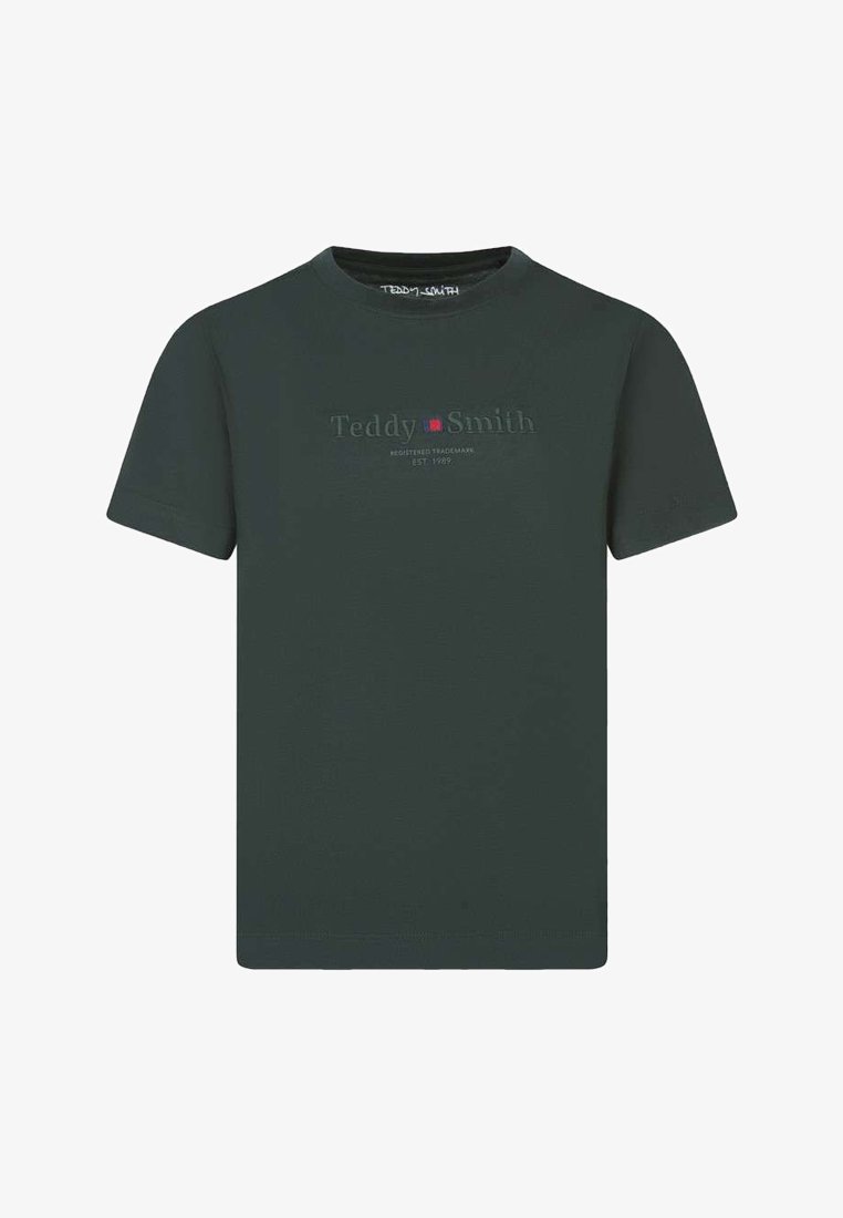 T-shirt vert foncé à manches courtes avec col rond, portant le texte « Teddy Smith » et un petit logo carré rouge sur la poitrine.