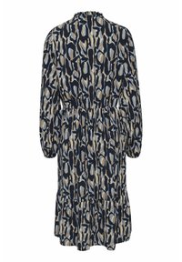 Robe à motifs floraux en navy, beige et bleu clair, avec des manches longues, une taille froncée et un ourlet en plusieurs couches. Fabriquée en tissu léger.