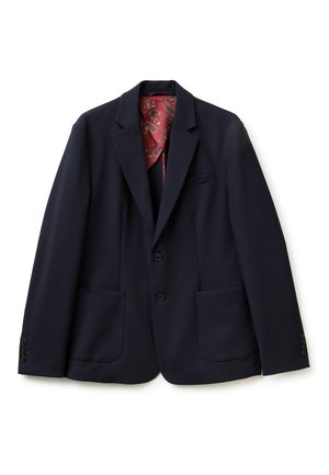Blazer bleu marine pour homme avec revers crantés, deux poches plaquées devant, fermeture à deux boutons et doublure intérieure à motif cachemire rouge.