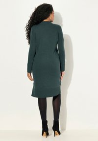 Robe en tricot longue et vert foncé avec un ourlet et des poignets côtelés. Portée sur des collants noirs et des bottines. Le design présente un col haut.
