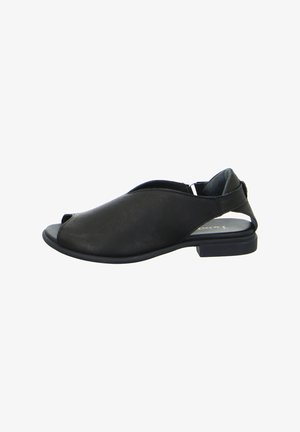 Black leather sandal with open toe and slingback design. Features a low, square heel and smooth texture. Simple, unembellished style.