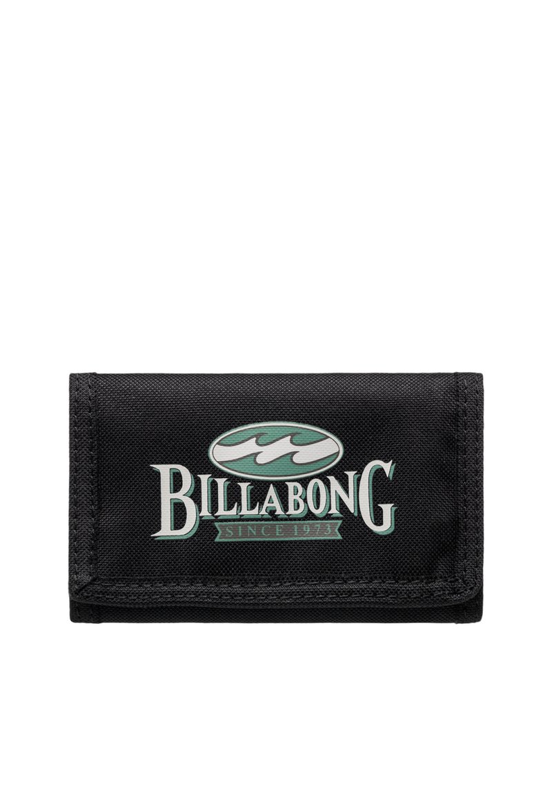 Portafoglio Billabong in tessuto nero con logo turchese, design a onda e testo "dal 1973"; forma rettangolare compatta.