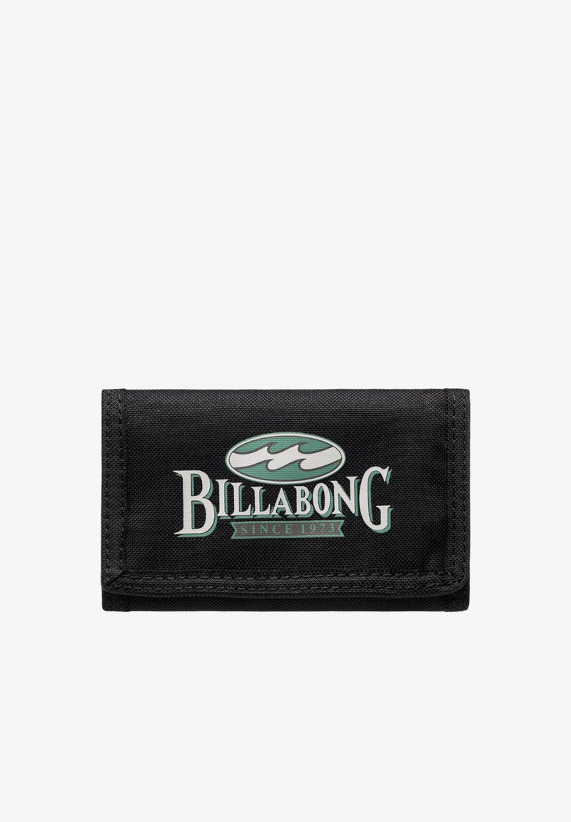 Portafoglio Billabong in tessuto nero con logo turchese, design a onda e testo "dal 1973"; forma rettangolare compatta.