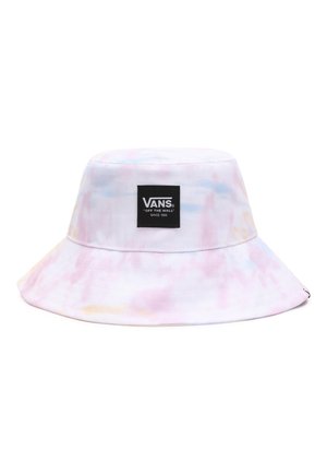 Pastel tie-dye bucket hat with wide brim featuring a black Vans logo patch on the front.