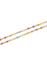 Farbenfrohe Perlenkette mit gleichmäßig verteilten runden Perlen in Pastellrosa, Lila, Blau, Gelb und Orange, ergänzt durch goldene Glieder.