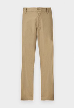 Beige chinos with a smooth texture, straight legs, a button closure, and belt loops. No visible patterns or embellishments.