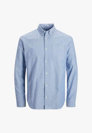 Camicia azzurra a maniche lunghe con bottoni, realizzata in cotone, dotata di taschino sul petto, colletto con bottoni e una texture morbida.