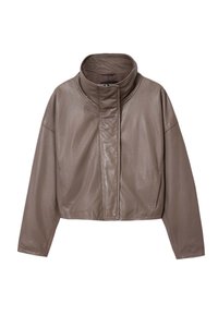 Ruskea nahkatakki, joka on lyhyt ja jossa on korkea kaulus sekä suora etukappaleen sulku. Ominaisuuksiin kuuluu leveät, väljät hihat ja sileä, kiiltävä pinta.