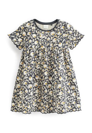 Robe noire à manches courtes pour tout-petit avec imprimé floral blanc et jaune et bords festonnés aux manches et à l'ourlet.