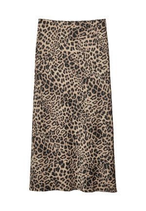 Midi krilo z leopardjim vzorcem v bež in črni barvi, ki se ponaša z gladko teksturo in razširjenim krojem, z elastičnim pasom za udobje.