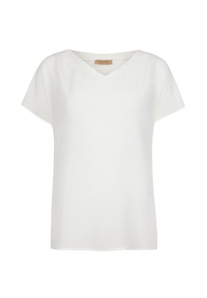 Hvid kortærmet bluse med V-hals i et glat stof, der har en afslappet pasform og et minimalistisk design uden synlige mønstre eller detaljer.