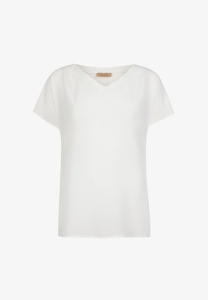 Hvid kortærmet bluse med V-hals i et glat stof, der har en afslappet pasform og et minimalistisk design uden synlige mønstre eller detaljer.