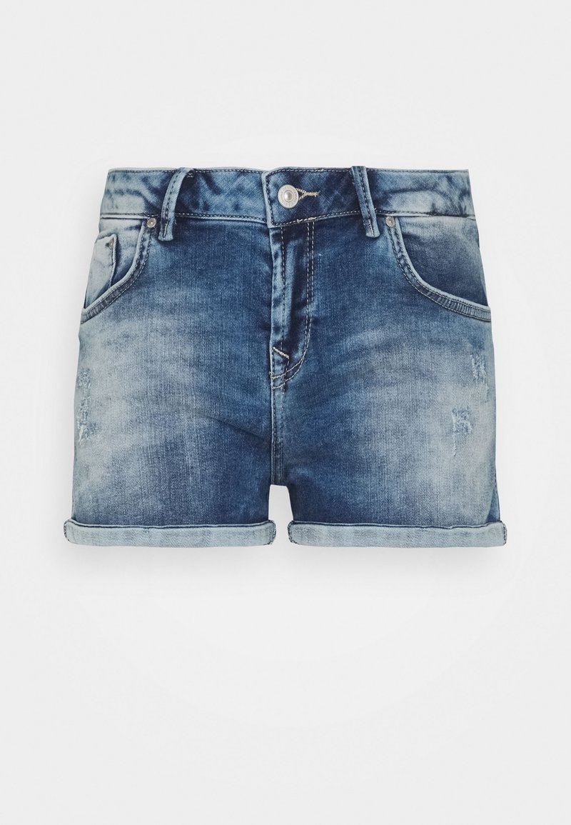 Shorts en jean bleu avec zones délavées et usées, revers roulés, bouton à l’avant, fermeture éclair, passants de ceinture et poches avant.