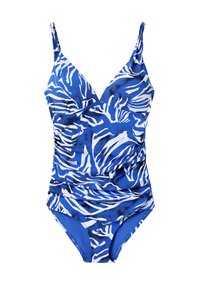 Blauer Badeanzug aus einem Stück mit einem Zebrastreifenmuster in Weiß, verstellbaren Trägern und raffiniertem Stoff am Oberkörper und der Taille.