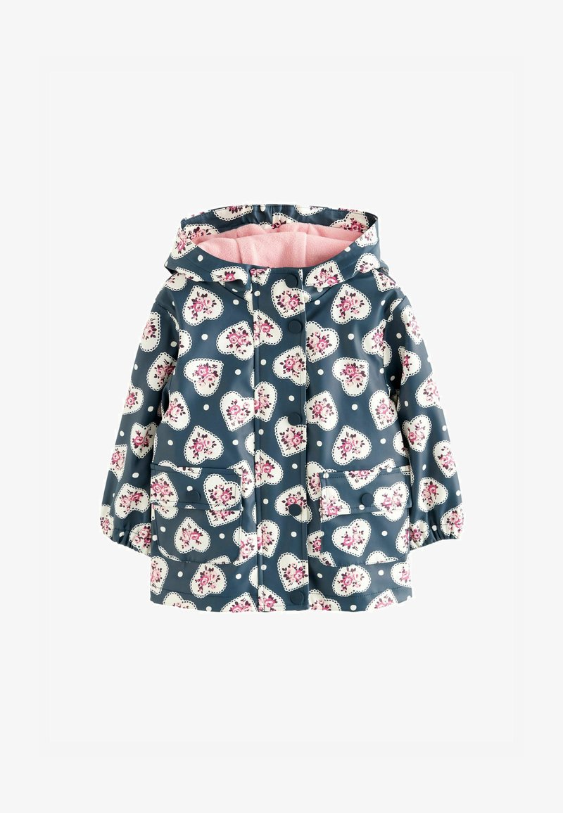 Deštník v modré barvě s květinovým srdcovým vzorem, bílými puntíky, růžovou podšívkou, elastickými manžetami a dvěma předními kapsami.